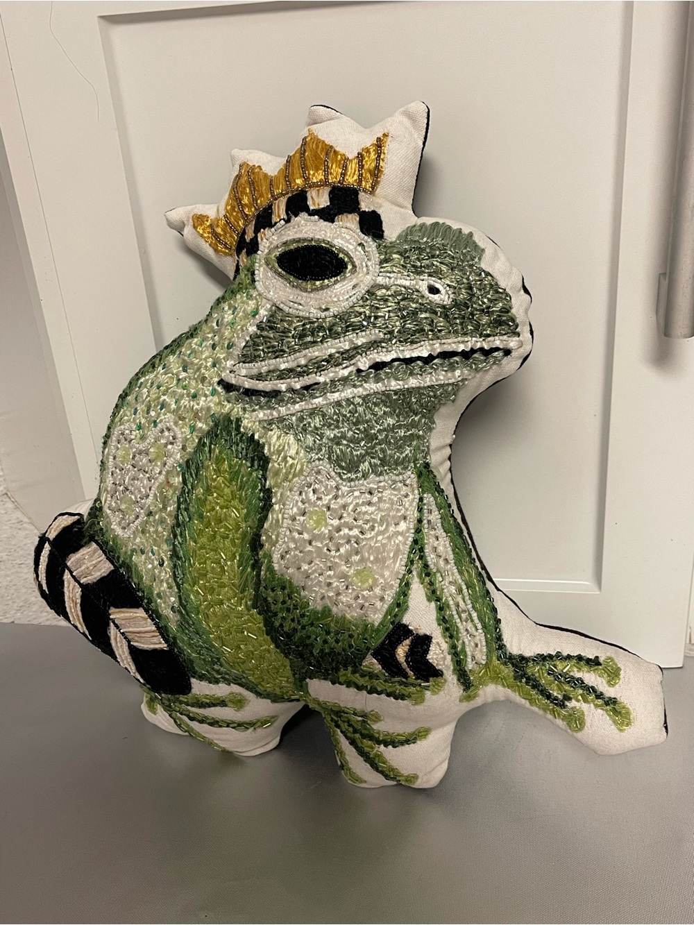 Mackenzie-Childs Embroidered Frog Shape Throw Pillow Wearing  a Crown 15” x 17”
